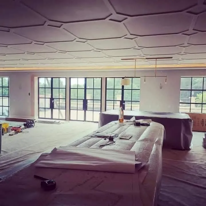 Geometric decorative plaster ceiling in progress