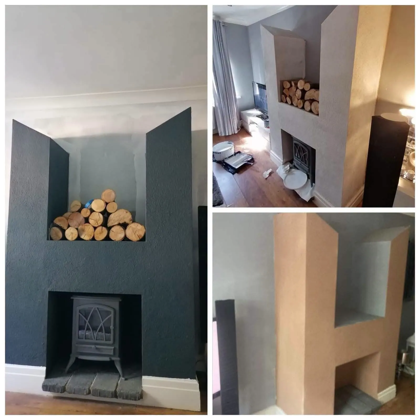 Bespoke plastered fireplace surround with log store