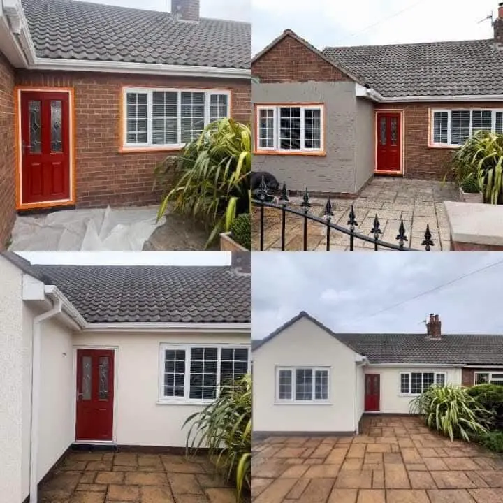 Four-photo composite of a bungalow from bare brick through to finished white render